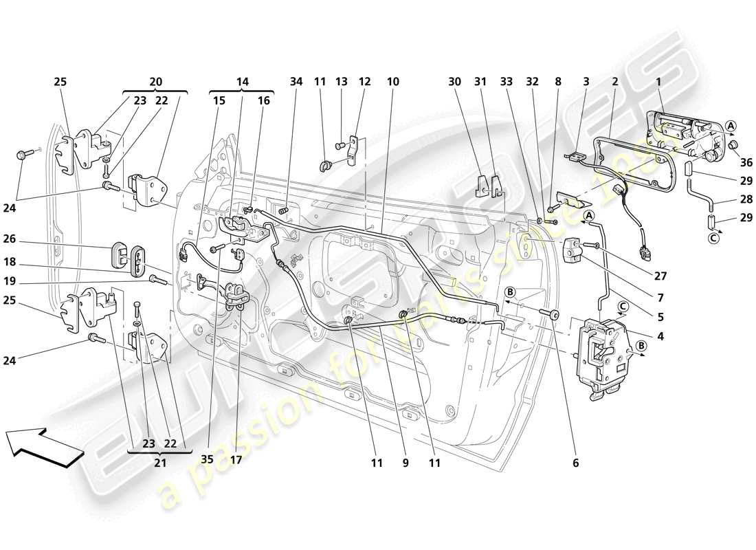 maserati trofeo doors - opening control and hinges part diagram