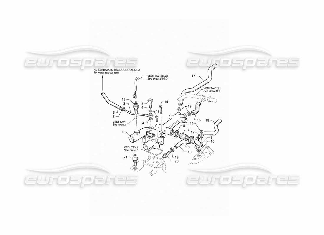 maserati qtp v8 (1998) engine cooling pipes and thermostat (rhd) part diagram