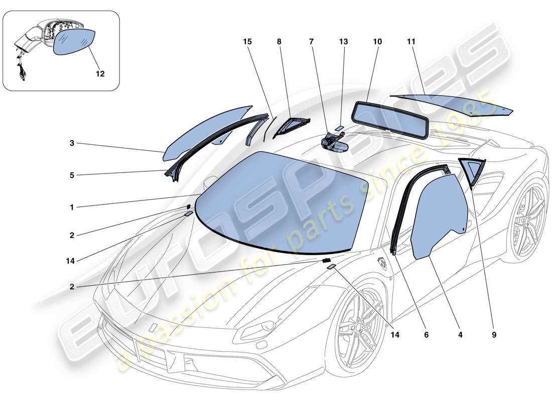 ferrari 488 gtb (rhd) screens, windows and seals part diagram