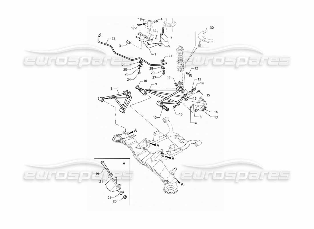 maserati qtp v8 (1998) (pre-mod) rear suspension with anti-roll bar part diagram