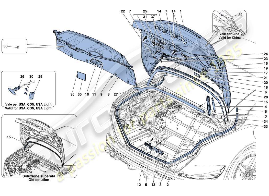 ferrari california t (usa) rear lid and opening mechanism part diagram