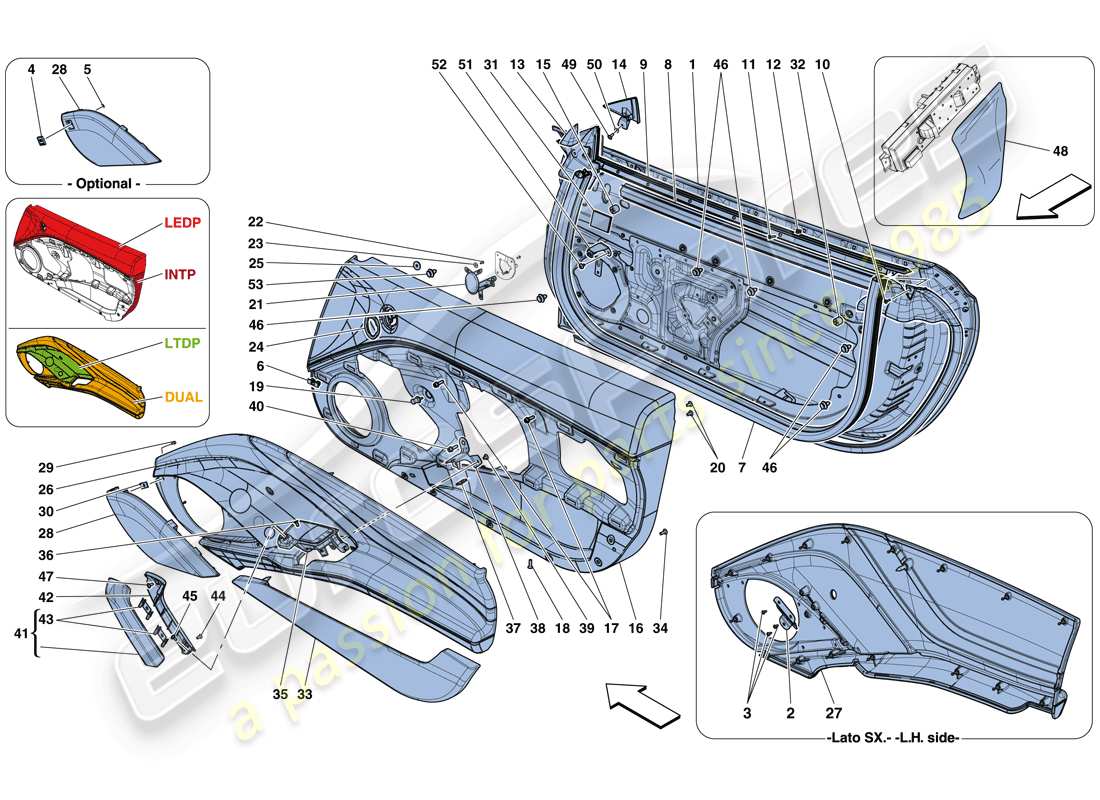 ferrari california t (rhd) doors - substructure and trim part diagram