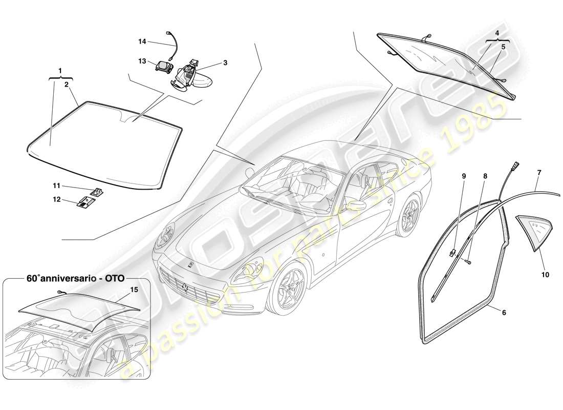 ferrari 612 scaglietti (rhd) screens, windows and seals part diagram