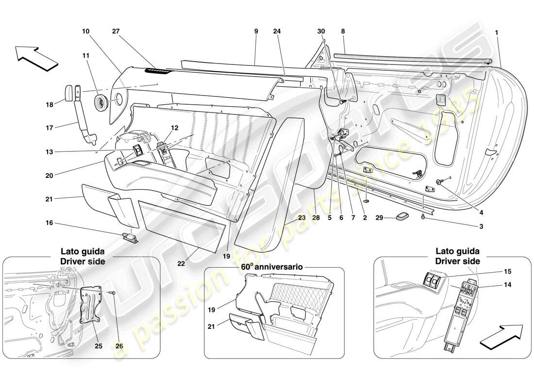 ferrari 612 scaglietti (rhd) doors - substructure and trim part diagram