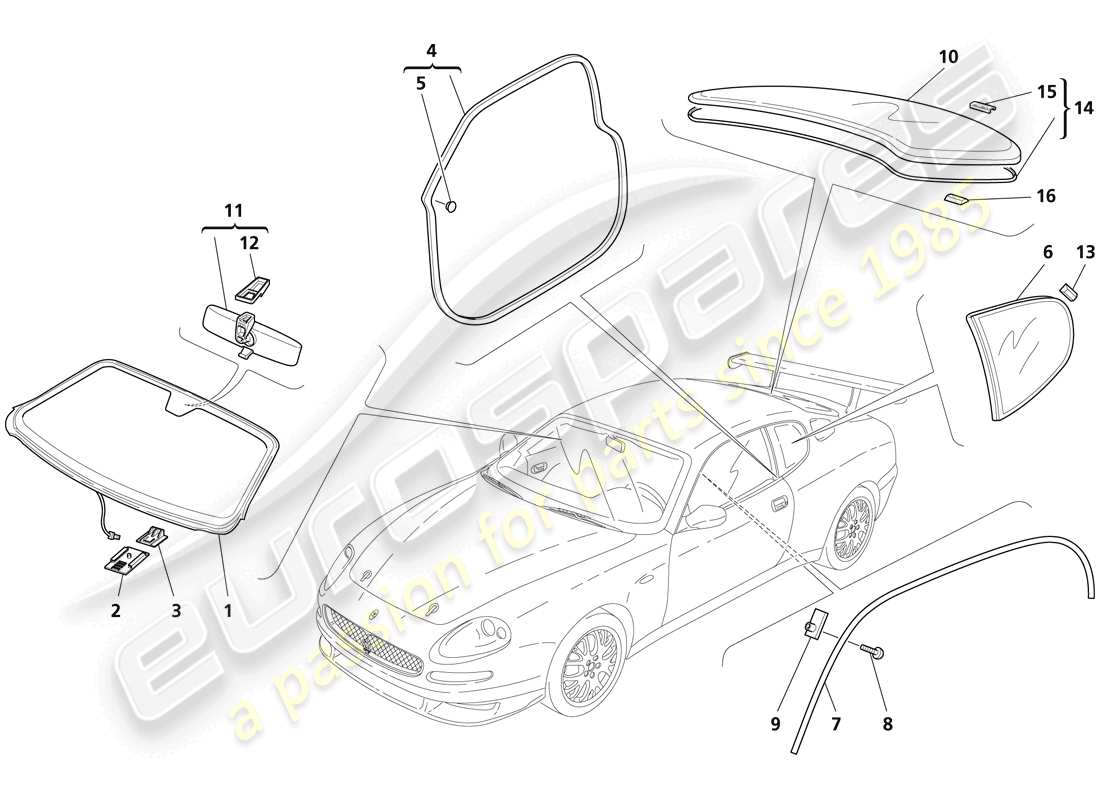 maserati trofeo glasses - gaskets and inner rearview mirror part diagram