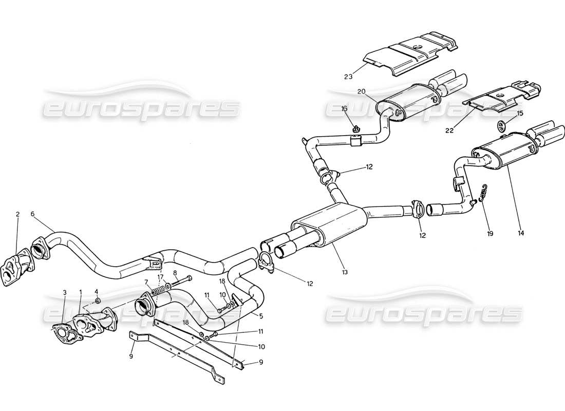 maserati 222 / 222e biturbo exhaust system without catalyst part diagram