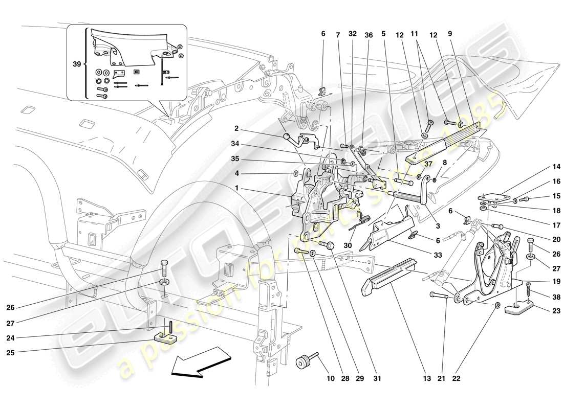 ferrari f430 spider (rhd) roof kinematics - lower part part diagram