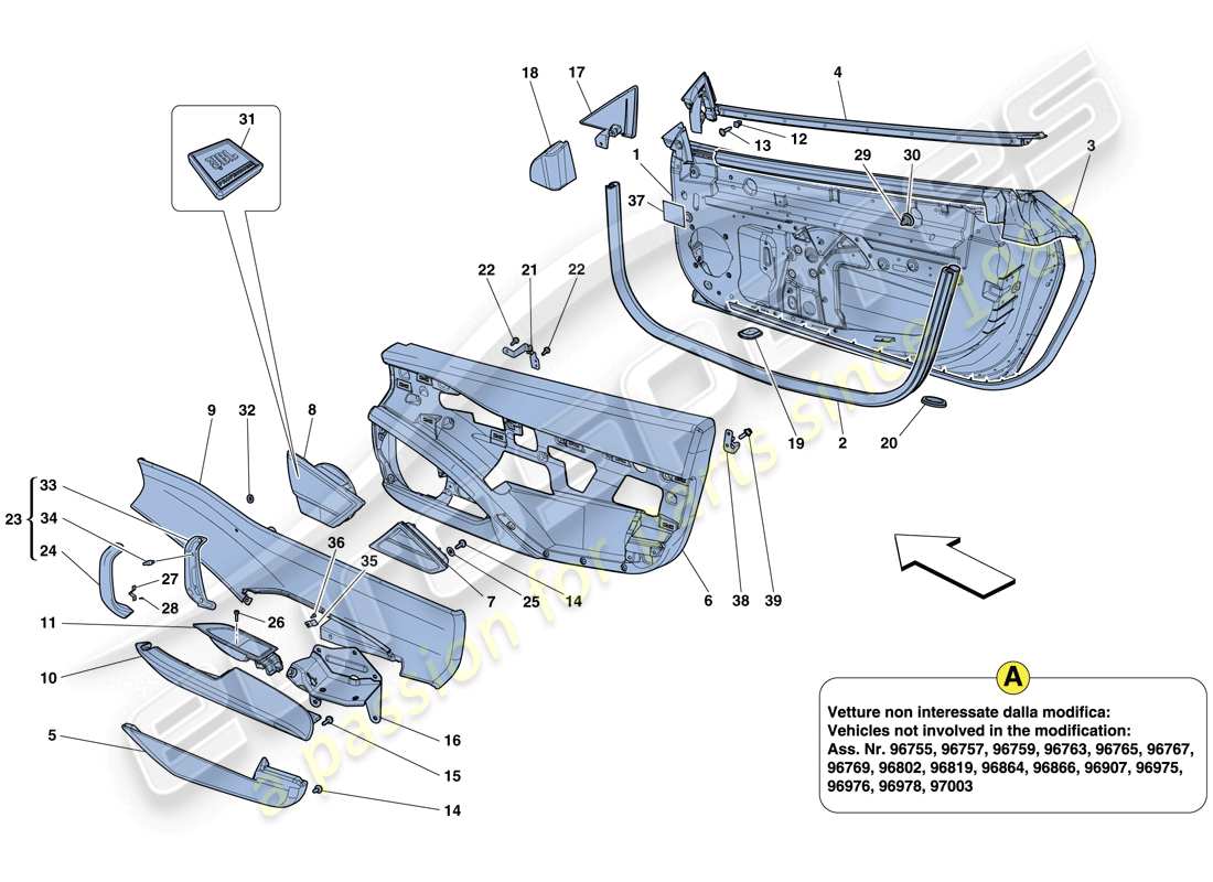 ferrari 458 italia (europe) doors - substructure and trim part diagram