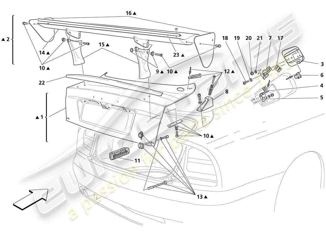 maserati trofeo trunk hood bonnet and gas door part diagram