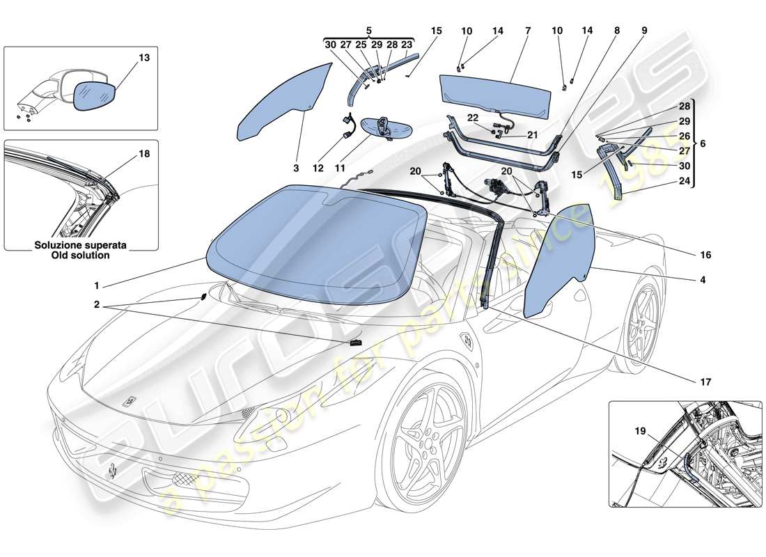 ferrari 458 spider (europe) screens, windows and seals part diagram