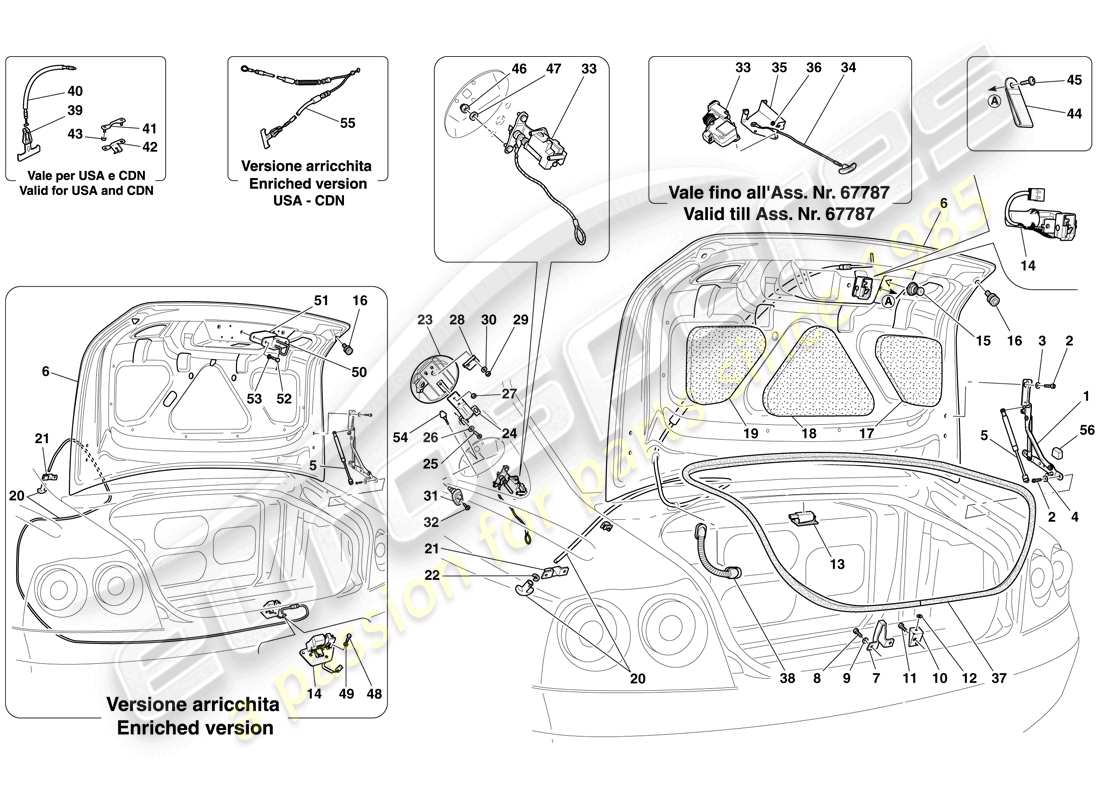 ferrari 612 sessanta (usa) luggage compartment lid and fuel filler flap part diagram