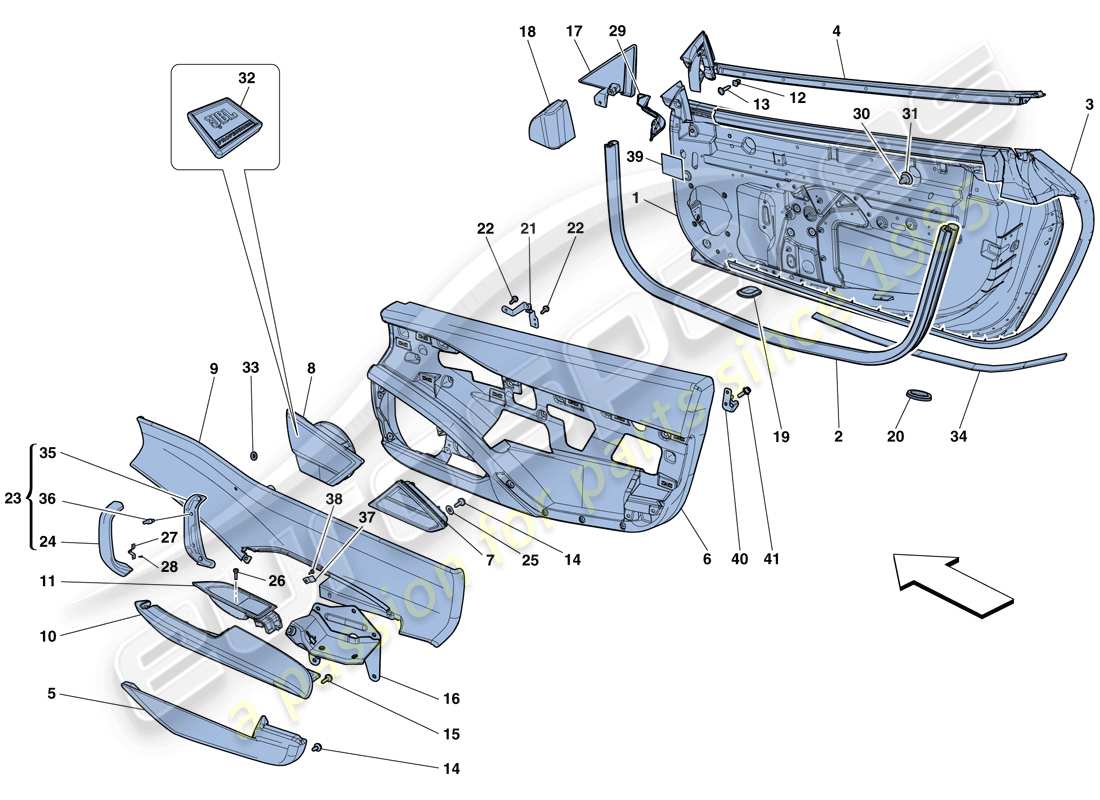 ferrari 458 spider (europe) doors - substructure and trim part diagram