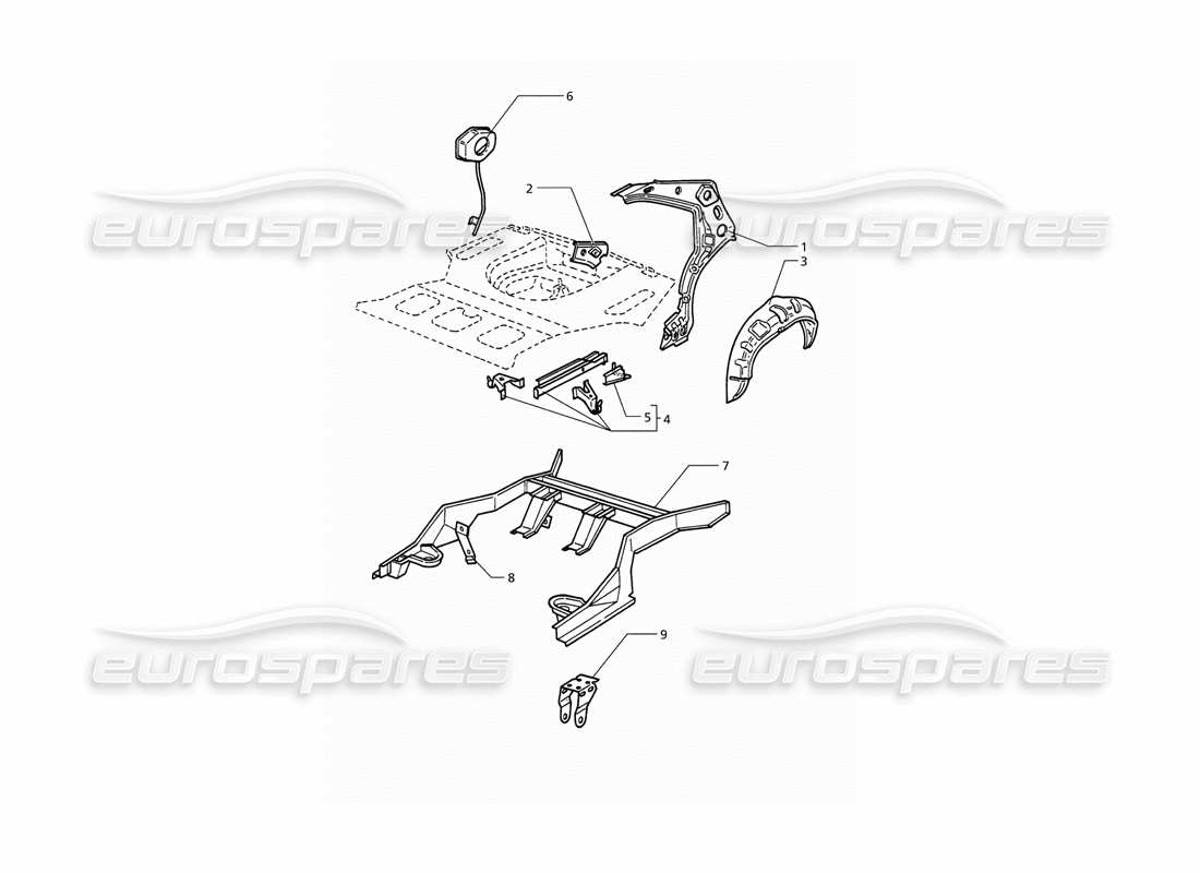 maserati qtp v8 (1998) body shell: rear outer structure part diagram