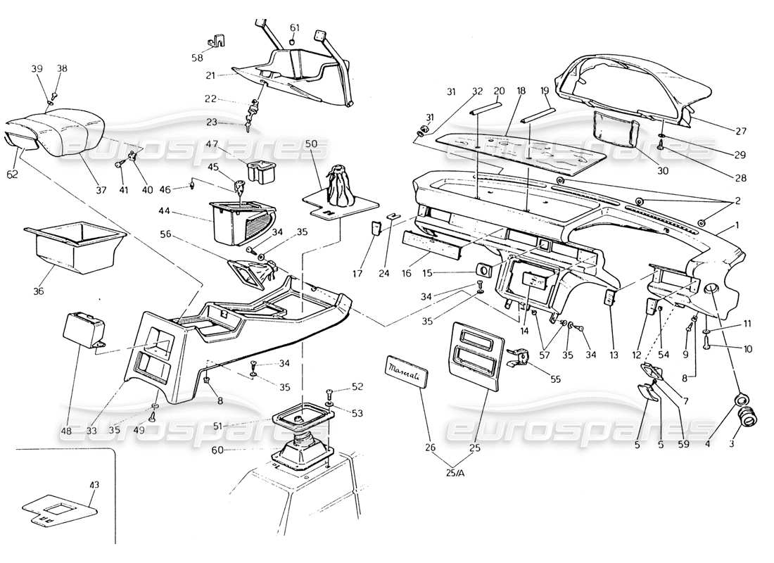 maserati 222 / 222e biturbo instrument panel and console (rh steering) part diagram