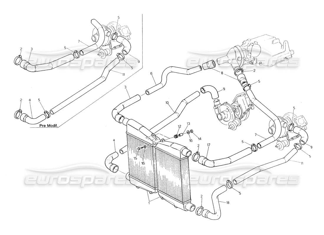 maserati biturbo spider heat exchanger - pipes parts diagram