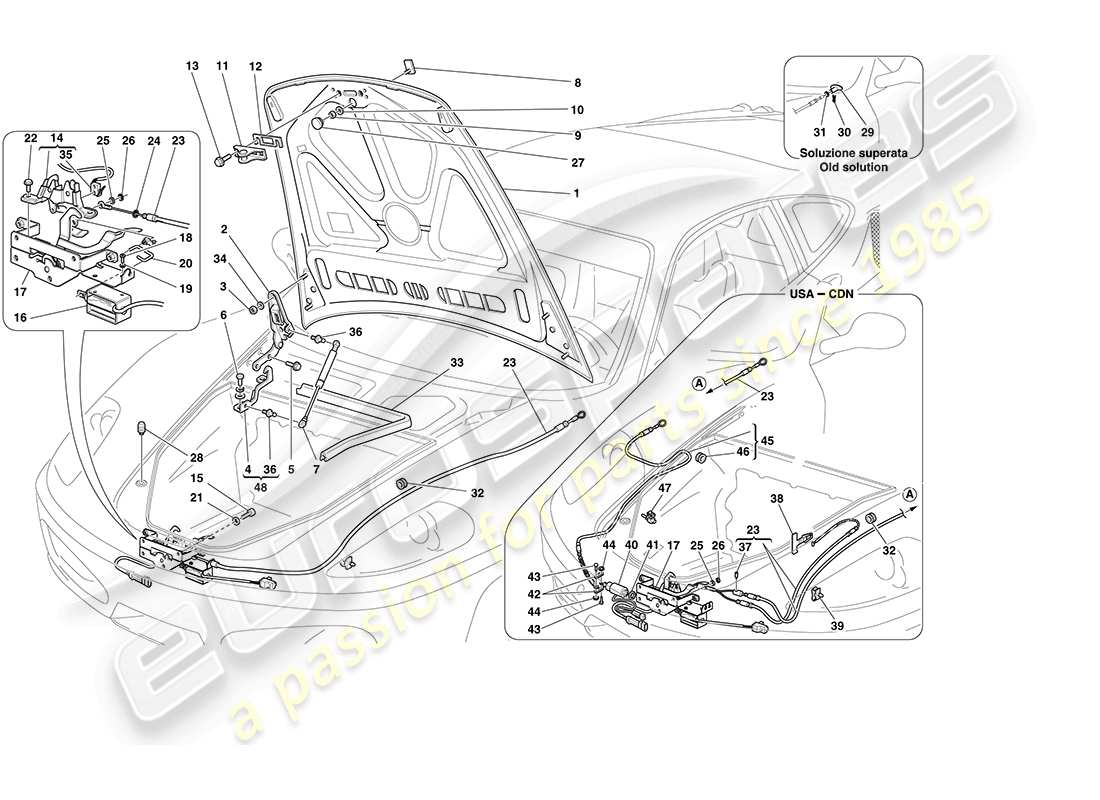 ferrari f430 coupe (rhd) front lid and opening mechanism part diagram