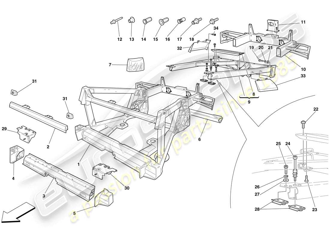 ferrari f430 scuderia (rhd) chassis - structure, rear elements and panels part diagram