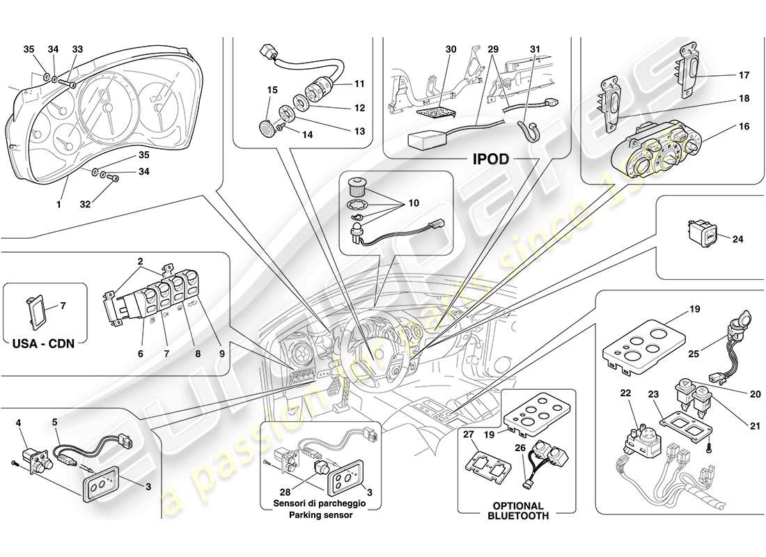 ferrari f430 coupe (rhd) dashboard and tunnel instruments part diagram