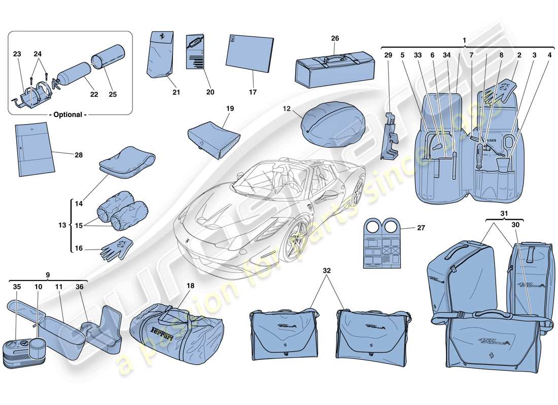 ferrari 458 speciale aperta (rhd) tools and accessories provided with vehicle part diagram