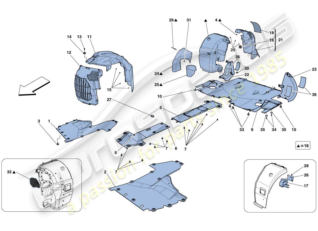 ferrari 458 spider (rhd) flat undertray and wheelhouses part diagram