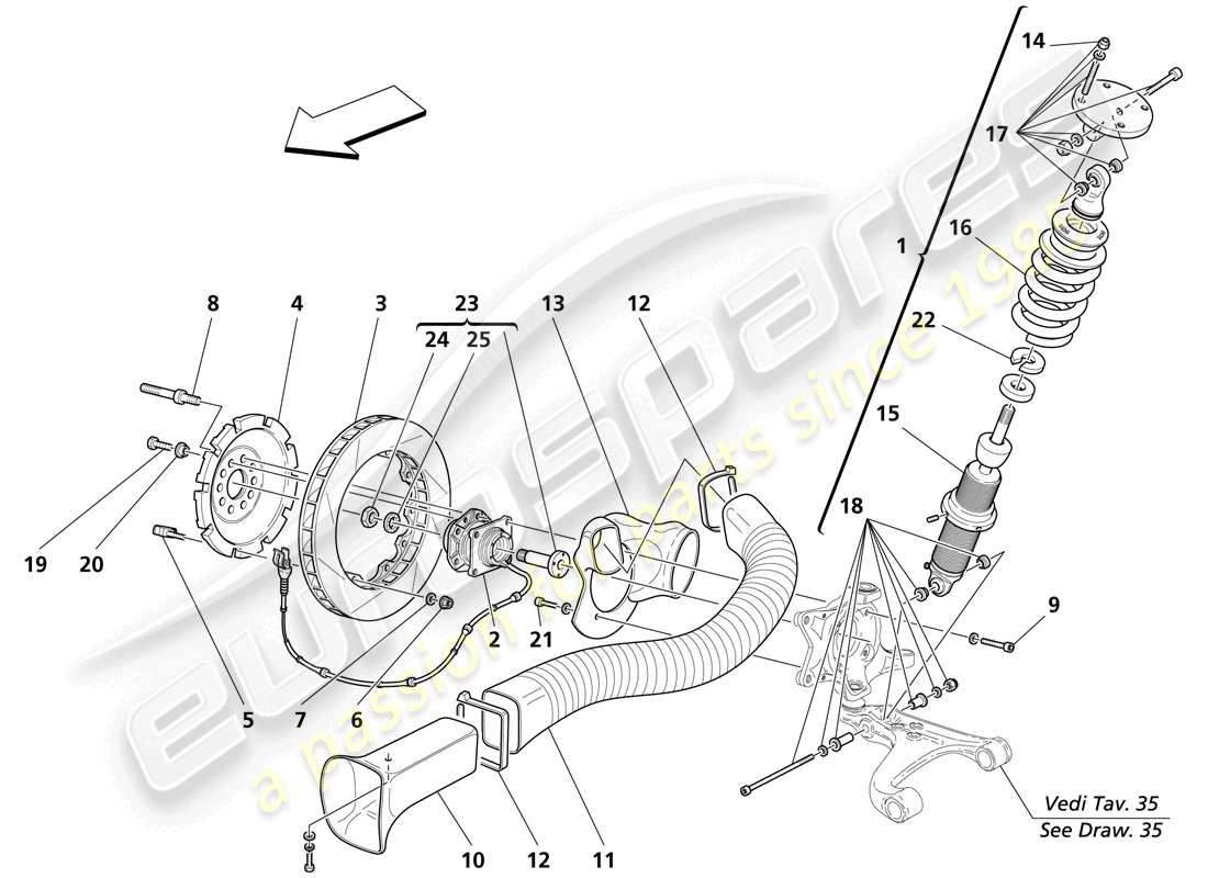 maserati trofeo front suspension - shock absorber and brake disc part diagram