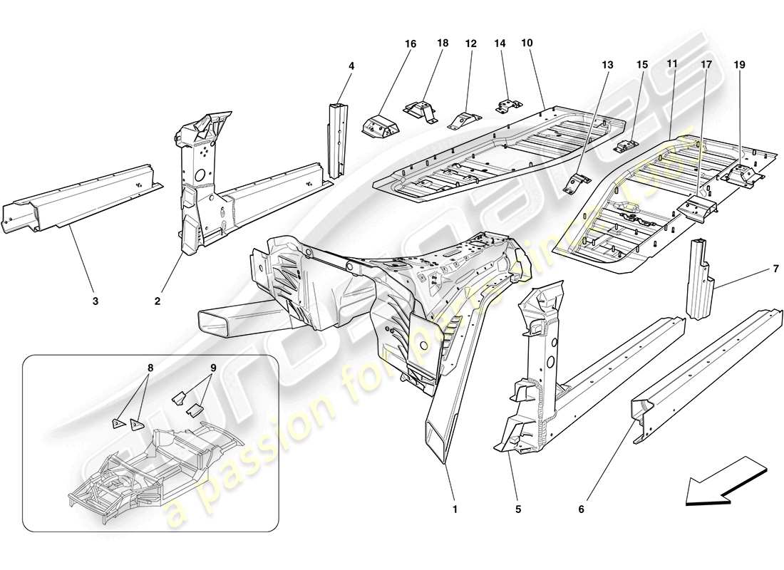 ferrari california (rhd) centre structures and chassis box sections part diagram