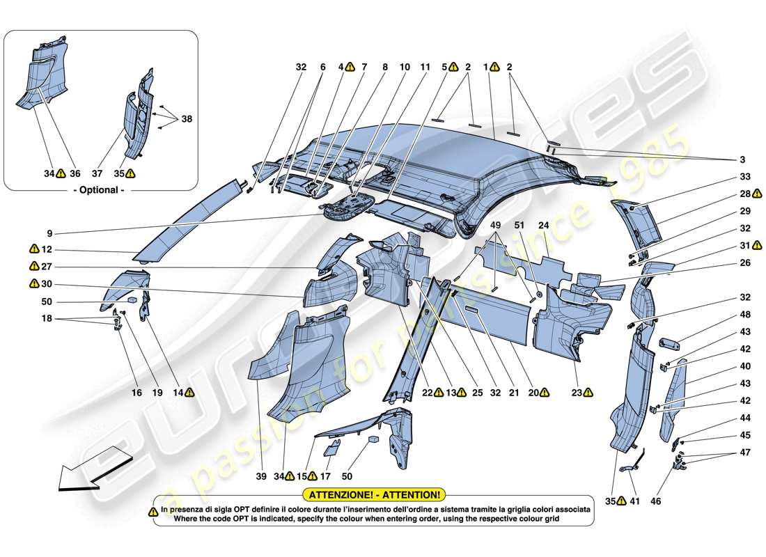 ferrari 488 gtb (rhd) headliner trim and accessories part diagram