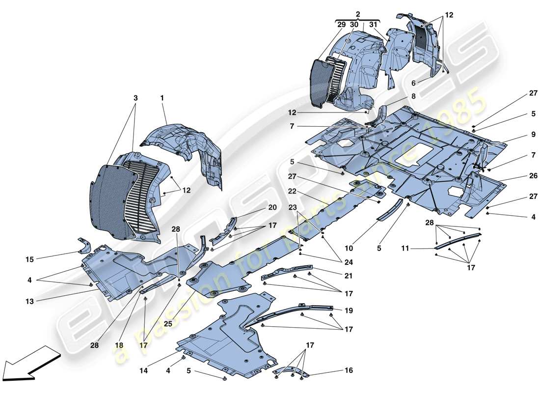 ferrari 488 gtb (usa) flat undertray and wheelhouses part diagram