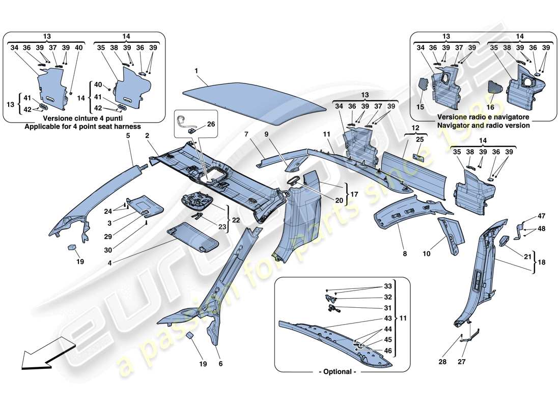 ferrari 458 speciale (rhd) headliner trim and accessories part diagram