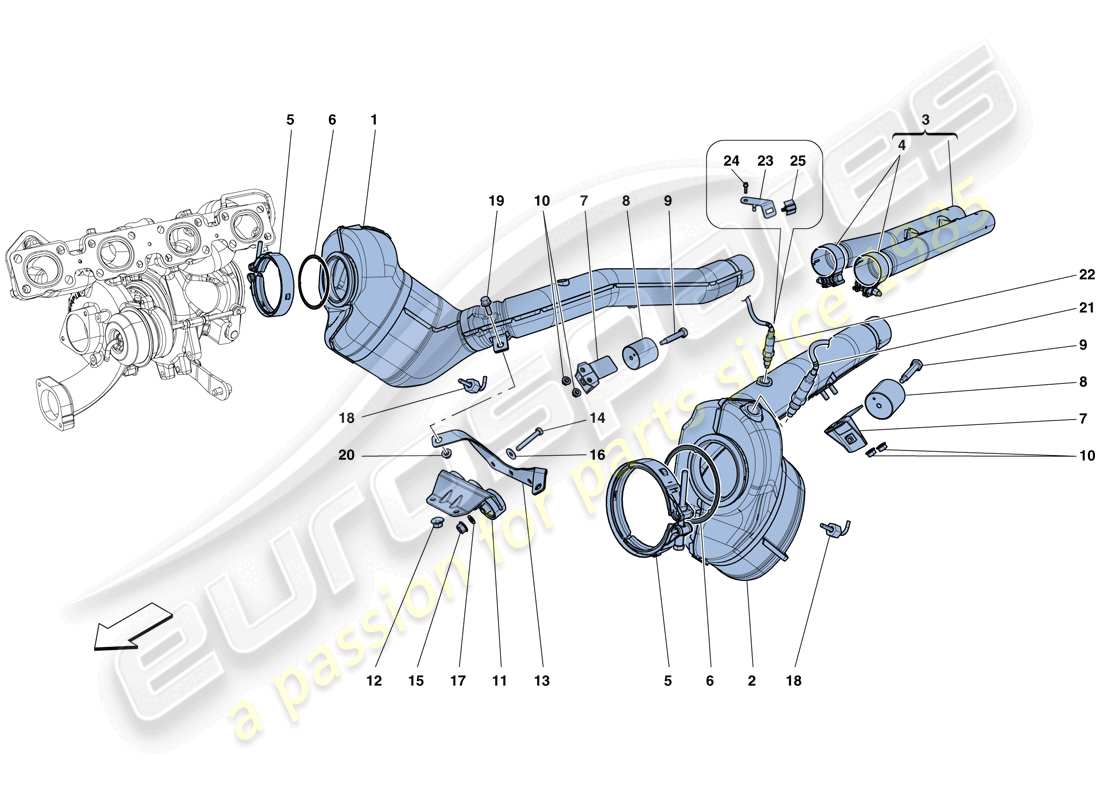 ferrari california t (rhd) pre-catalytic converters and catalytic converters part diagram