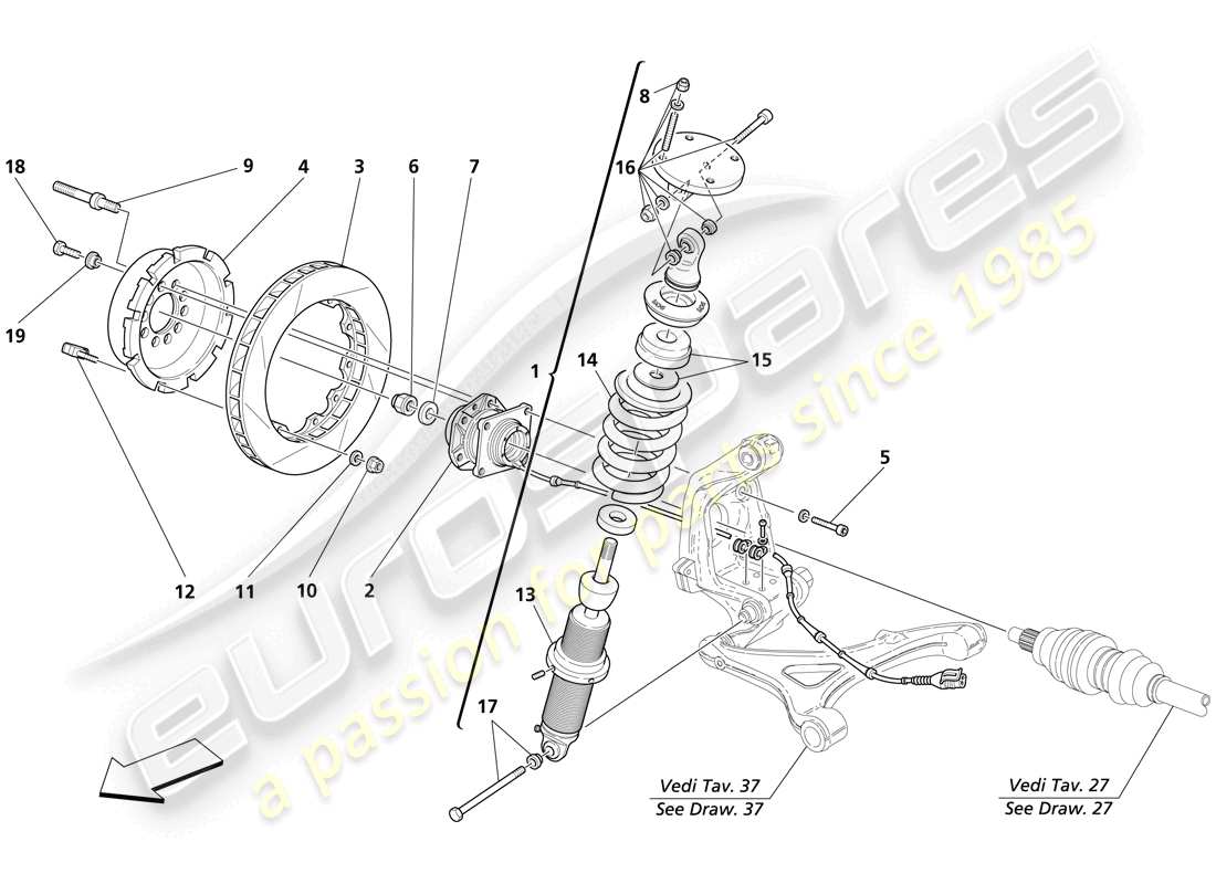 maserati trofeo rear suspension - shock absorber and brake disc part diagram