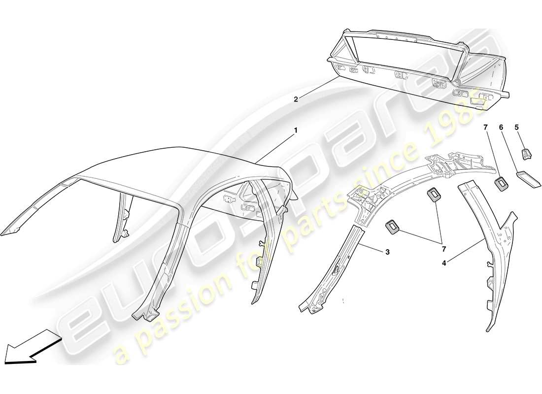 ferrari f430 coupe (rhd) roof - structure part diagram