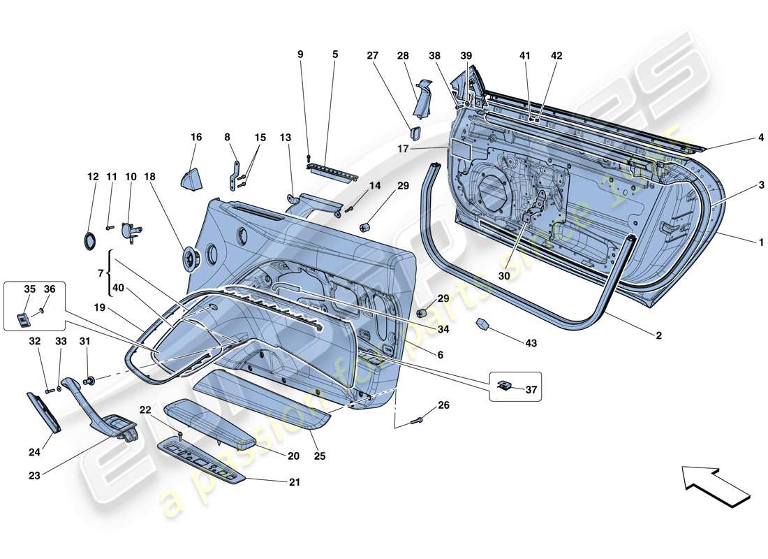 ferrari f12 berlinetta (rhd) doors - substructure and trim part diagram