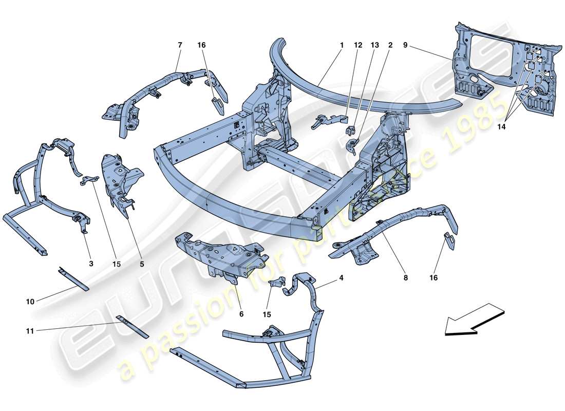 ferrari 458 speciale (rhd) chassis - complete front structure and panels part diagram