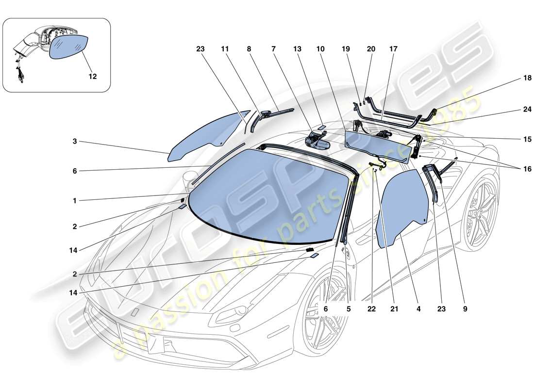 ferrari 488 spider (europe) screens, windows and seals part diagram