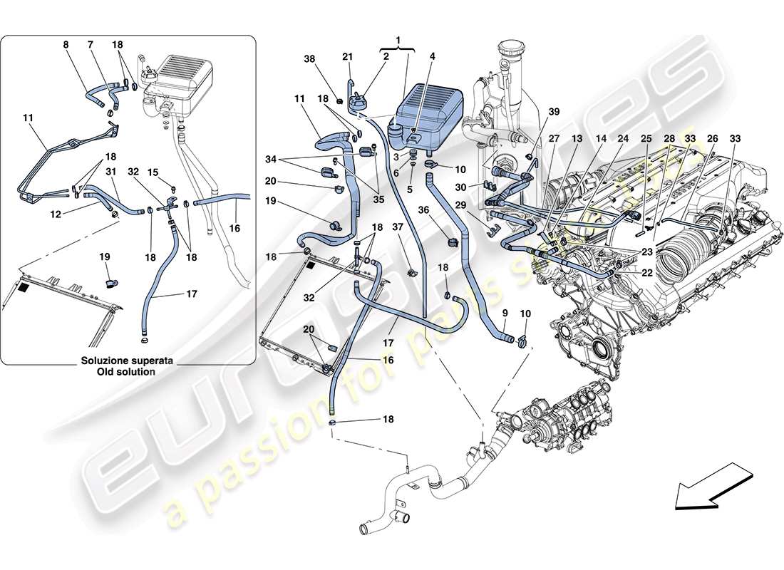 ferrari ff (rhd) cooling - header tank and pipes part diagram