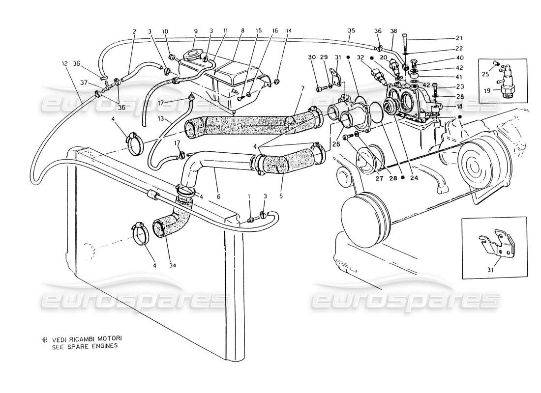 maserati 418 / 4.24v / 430 engine cooling, 3v part diagram