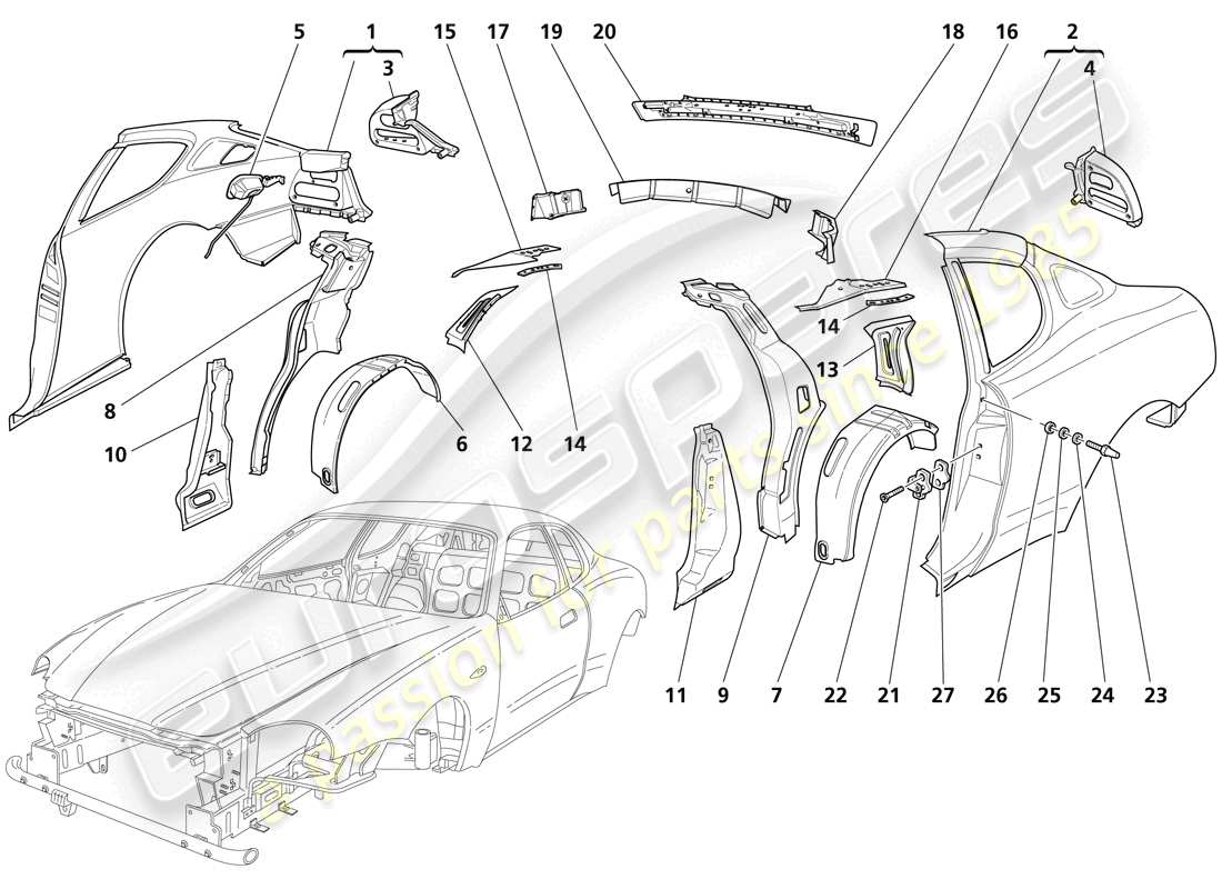 maserati trofeo body shell - central outer trims part diagram