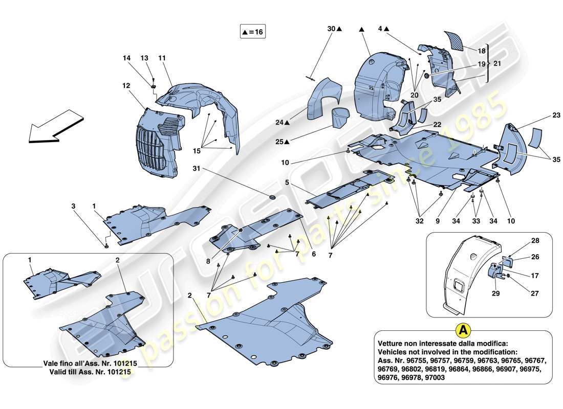 ferrari 458 italia (europe) flat undertray and wheelhouses part diagram