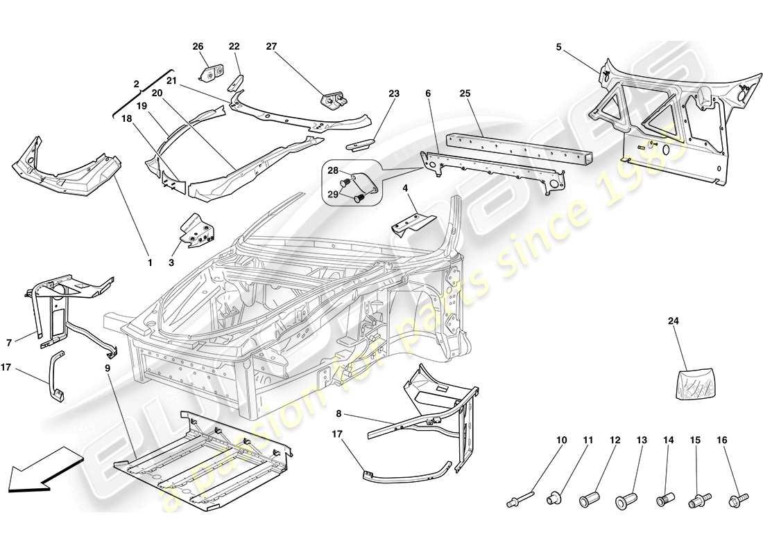 ferrari f430 coupe (rhd) chassis - complete front structure and panels part diagram