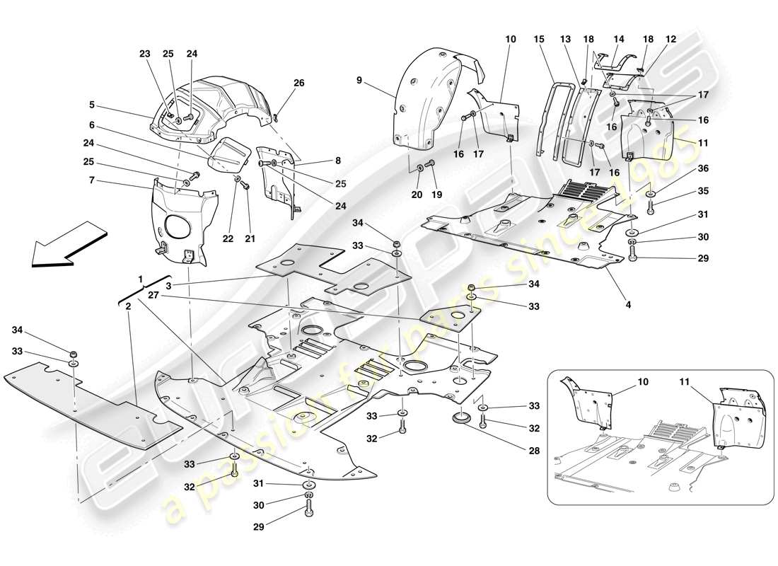 ferrari 612 scaglietti (rhd) flat undertray and wheelhouses part diagram