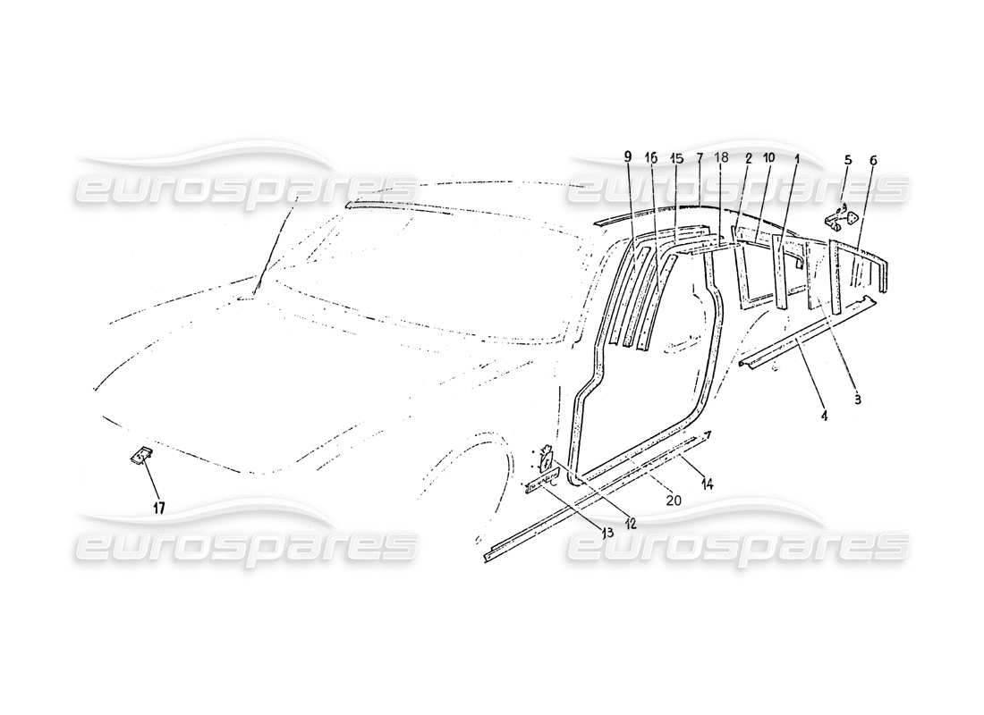 ferrari 365 gt 2+2 (coachwork) rear quarter glass trim & door seals part diagram