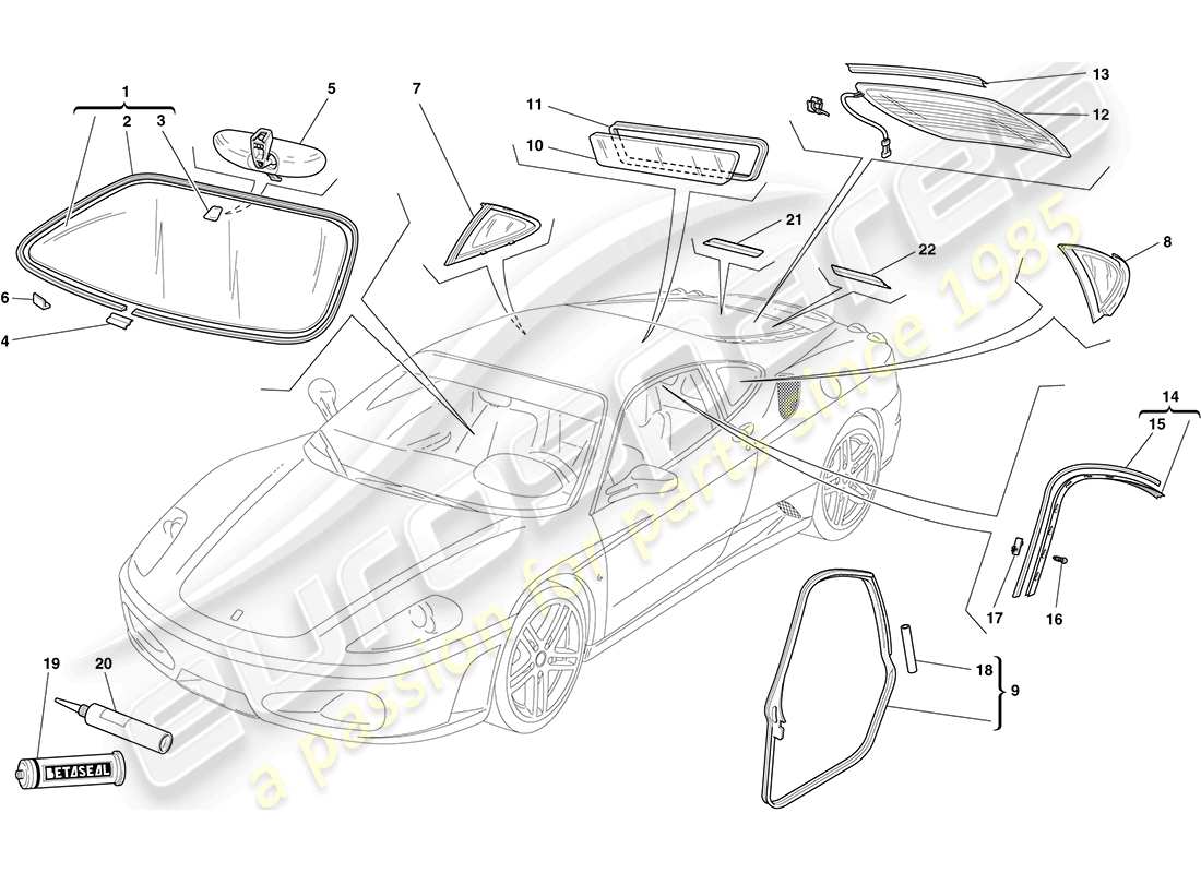 ferrari f430 coupe (europe) screens, windows and seals part diagram