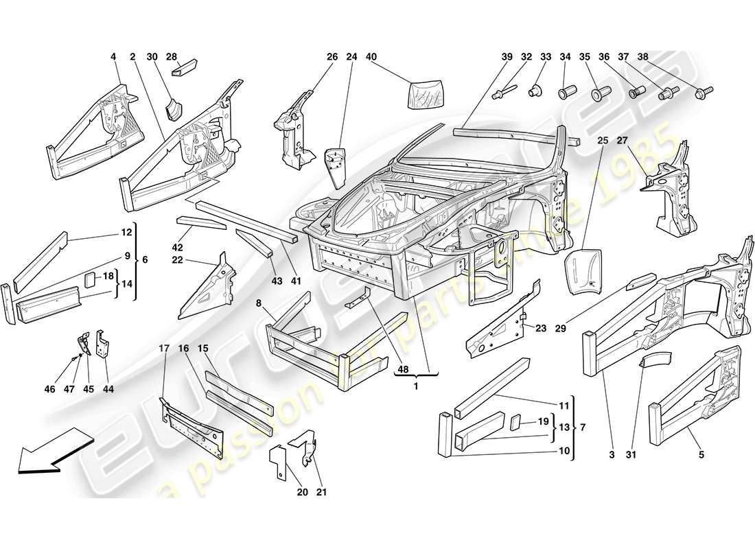 ferrari f430 coupe (rhd) chassis - structure, front elements and panels part diagram