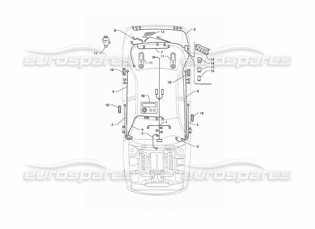 maserati qtp v8 (1998) electrical system: boot-doors-passanger compartment (lhd) part diagram