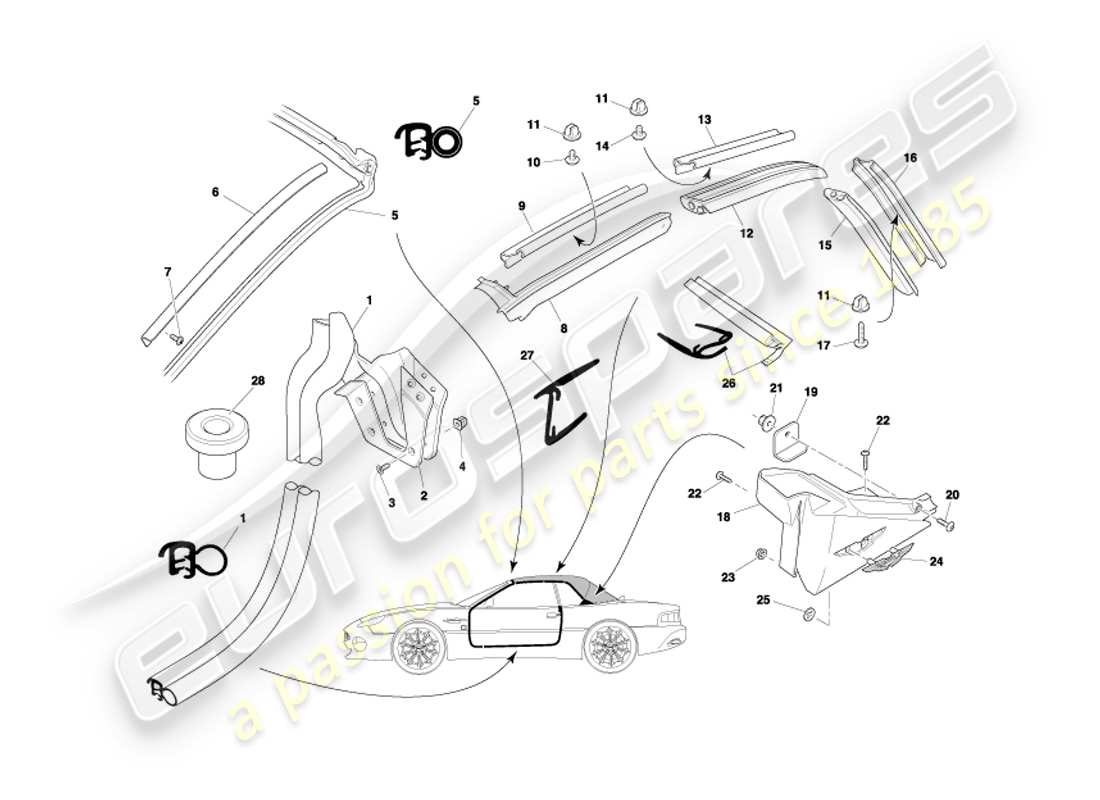 aston martin db7 vantage (2004) volante door & roof seals part diagram