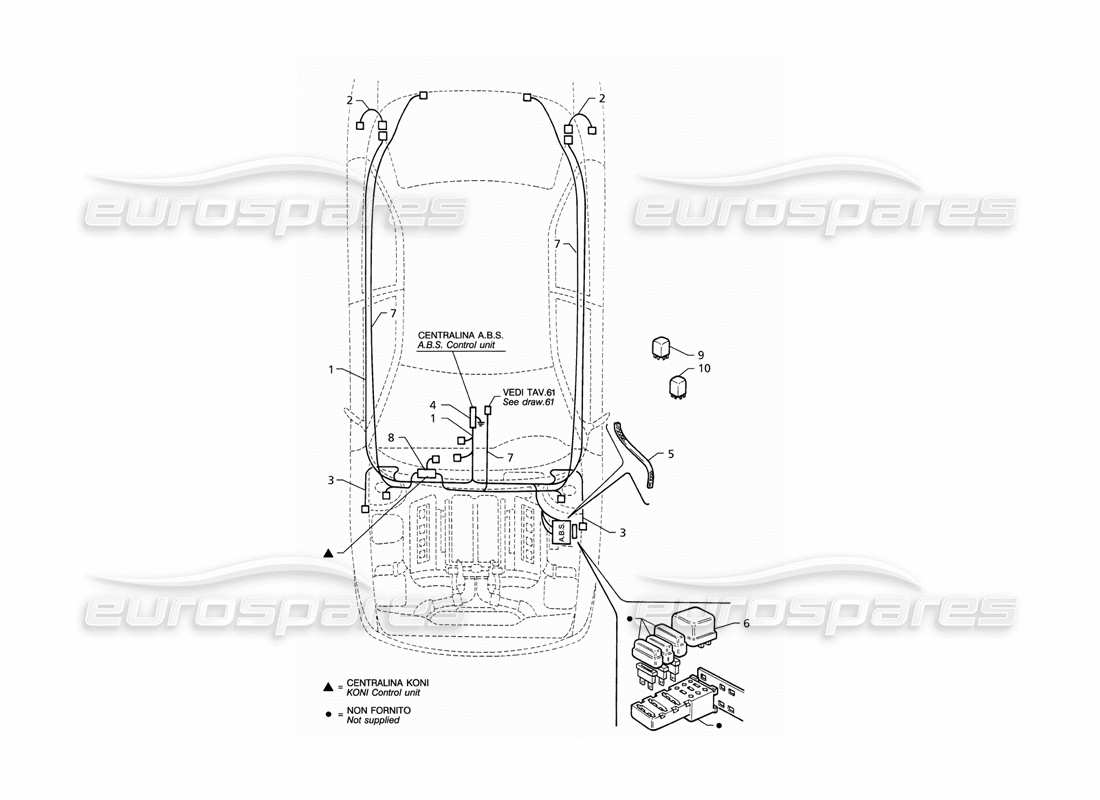 maserati qtp v8 (1998) electrical system: a.b.s. and 'koni' suspension (lhd) part diagram