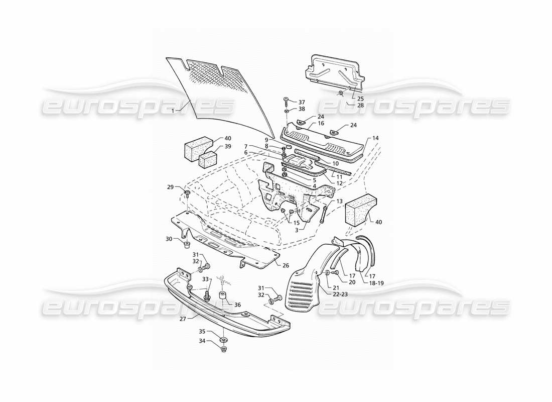 maserati qtp v8 (1998) bonnet and engine compartment covers (rhd) part diagram