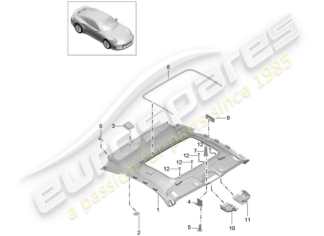 porsche 991 turbo (2018) roof trim panel part diagram