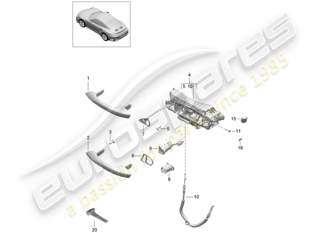 porsche 991 turbo (2018) door handle, outer part diagram